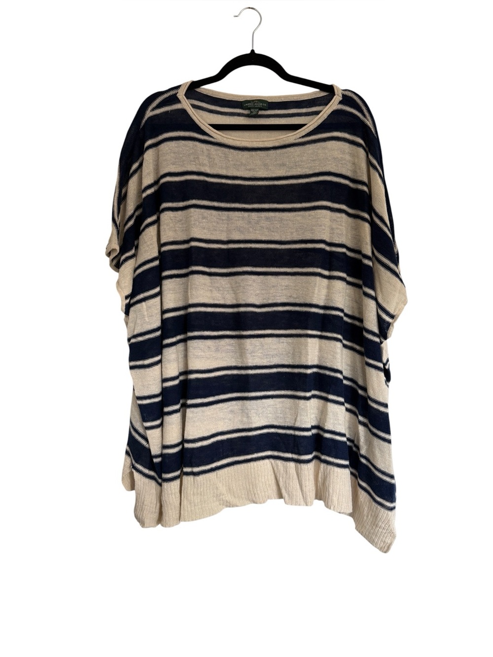 Lauren Jeans Co Ralph Lauren Blue White Striped 100% Linen Knit Dolman Top OS